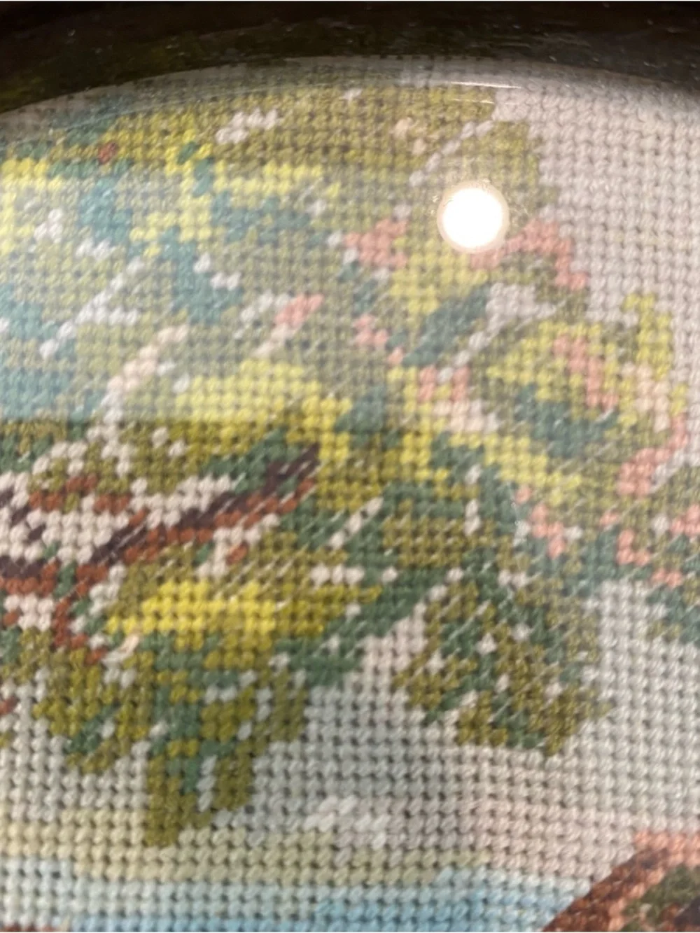Vintage Needlepoint Landscape Art – Oval Framed Embroidery – Cottagecore Decor - Picture 4 of 8